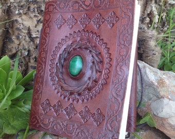 Leather Medieval Journal - Handmade Embossed Rustic Journal - Malaquite Leather Notebook - Leather Travel Book - Leather Blank Book