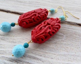 Red cinnabar earrings, turquoise earrings, long statement earrings, color block earrings, modern jewelry, italian jewelry, summer jewelry