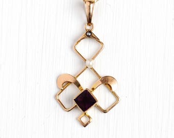 Antique Lavalier Necklace - 10k Rosy Yellow Gold Pearl & Simulated Amethyst Pendant - Vintage 1900s Edwardian Purple Glass Stone Jewelry