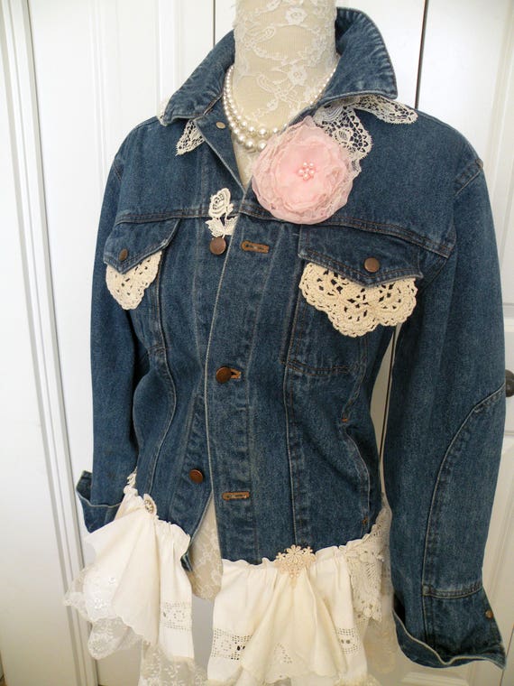 Embellished demin jean jacket Vintage Lace and Crochet Prarire
