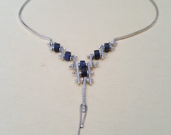 Denim Fine Silver Necklace with Tanzanite stone beads Handmade