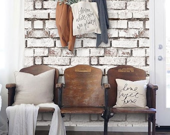 Vintage White Brick PEEL & STICK Repositionable Fabric Wallpaper