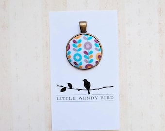 Retro Floral Fabric Covered Button Pendant
