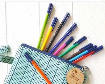 Mint Green Blue Geometric Pencil Case Make Up Bag Zipper Pouch