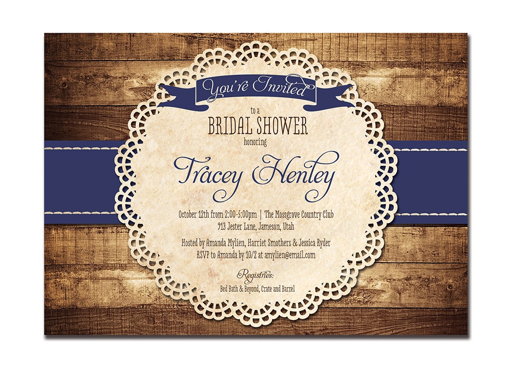 Rustic Bridal Shower Invitation Navy Blue Wood Lace Baby Rustic Bridal Shower Invitation Navy Blue Wood Lace Baby