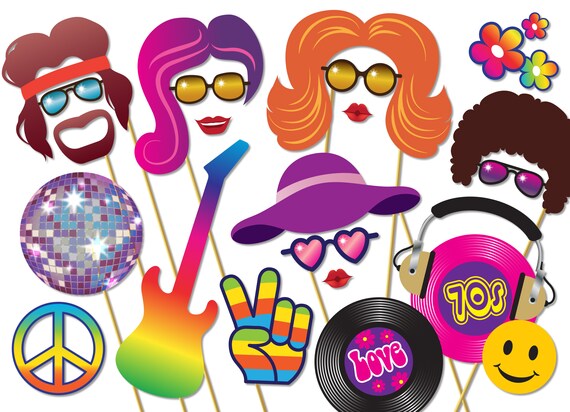 Printable 70s Photo Booth Props Set. Seventies Photobooth