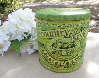 Country Style Cookie Tin, Vintage Tin, Cookie Jar, Collectible Canister