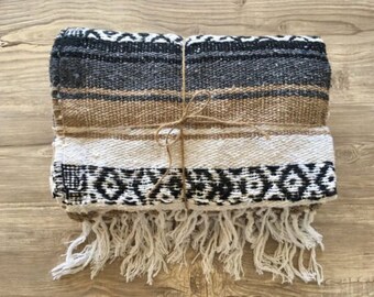 Mexican Throw Blanket - Beige, Gray, White & Black Aztec Design