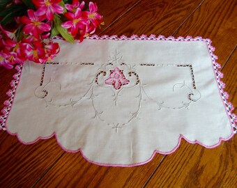 Linen Madeira Antimacassar Doily Vintage Ivory and Pink Chair Linens