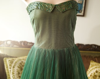 1950s green tulle ballgown with sequins