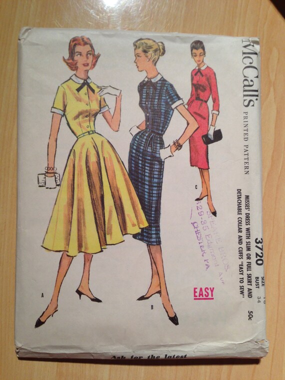Misses Dress with Slim or Full Skirt and Detachable Collar and Cuffs McCalls Sewing Pattern 3720 50s Size 16