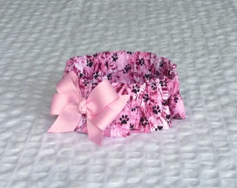 Ruffle Dog Collar, Pet Bandana - Paws on Pink Tie Dye Dog Scrunchie Collar with pink bow - Size M: 14" to 16" neck