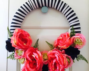 Stripe and Flowers Wreath
