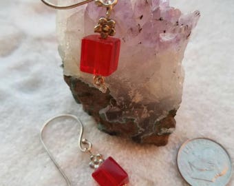 Red, square glass earrings with 925 silver findings. Trending now!