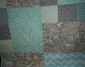 WOODLAND ANIMALS Gender Neutral Handmade Baby Quilt Teal and Warm Gray Colors Baby Bedding Gender Neutral Nursery Decor Woodland Animals