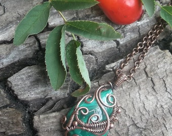 Мalachite pendant, Wire wrap necklace, Wire wrapped jewelry handmade,copper pendant
