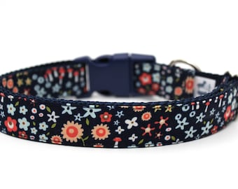 Navy Floral Dog Collar 3/4" or 1" Flower Dog Collar Floral Dog Collar