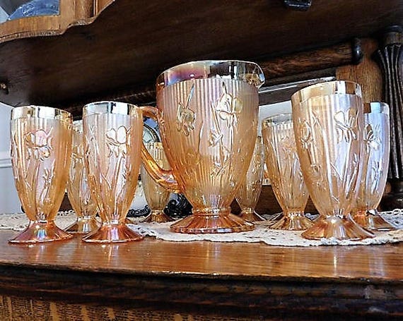 Iridescent Iris and Herringbone / Pitcher / Tumblers