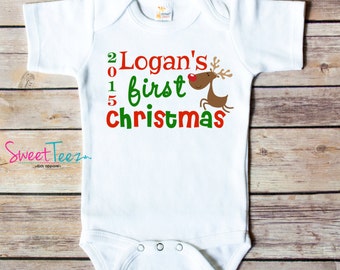 My First Christmas Shirt Reindeer Baby Bodysuit Personalized