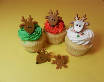12 Reindeer Face Christmas Cupcake Rings Toppers Party Favors Cake Decorations