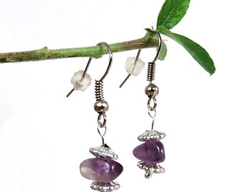 Pendientes colgantes de plata, joya naturales, amatistas pendientes barrocos, oído de lazo piedra gema amatista violeta zai
