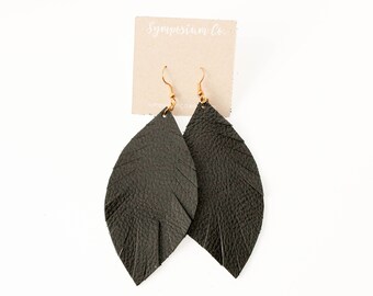 Leather Feather Earrings - Black