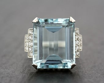 Vintage Aquamarine Ring - 1950s Aquamarine & Diamond Cocktail Ring - Art Deco Aquamarine Statement Ring