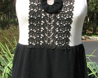 Repurposed Cashmere Dress / Tunic - Black-White Cashmere Dress - Size S / M - Lace Cashmere