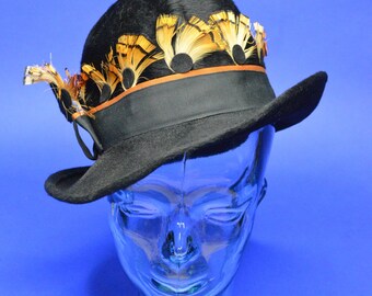 Rare Vintage Estate Jack McConnell Black Hat Brown Feather Black Dot