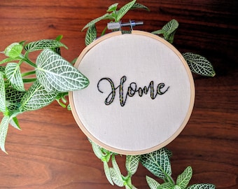 Hand Embroidered 4 inch "Home" - Black outline with multiple color fill