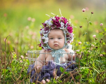 Flower Bonnet, Floral Bonnet, Garden Bonnet, Sitter Bonnet, Baby hat, Baby Photo Prop, Newborn Photo Prop, Knit Baby Bonnet, Baby Hat
