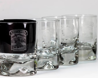 Vintage Barware - Vintage Whiskey Tumblers - Vintage CUTTY SARK Scots Whiskey Pinched Glass -Two Sided Etched Glass Rare Hollywood Version