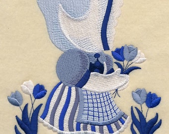LITTLE DUTCH BOY & Girl Set Blue and White Holland Region Tulips Icon Lovely for Framing Machine Embroidered Quilt Squares, Wall Art Panels