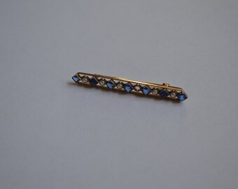 Antique Victorian 10K Yellow Gold Bar Pin---Pearls & Blue Stones---From 1910