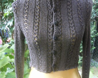 Short Cardigan, taupe, size 36-38, UK 10-12, US 8-10, small stand-up collar
