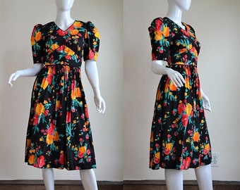 SUMMER SOLSTIC SALE The Best 80s Does the 40s Cotton Black Floral Dress Bust 35"