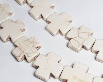 6pcs Stone Cross Beads - Howlite Stone (Grade D) - Cream Beads - Boho Beads - Hippie Beads - Bohemian Beads 18mm Beads - B75803