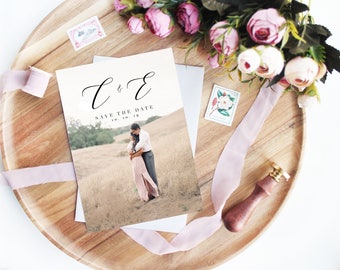 Digital Printable OR Printed Save the Date Card | Printable or Printed Template | Modern Save the Date Cards Postcard Names Initials Photo