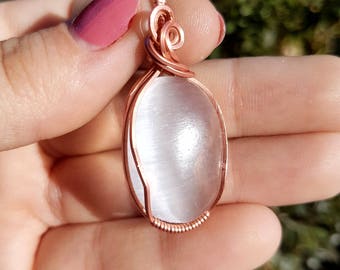 Selenite Pendant wrapped in Bare Copper Wire!