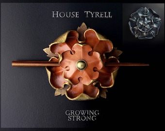 Tyrell leather barrette, Game of thrones, Tyrell sigil, House Tyrell, Margaery Tyrell, Rose hair stick, Flower hair pin, Leather hair clip