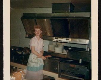 Vintage Color Snapshot Photo Pretty Burger Flipper Waitress at Grill 1960's, Original Found Photo, Vernacular Photography
