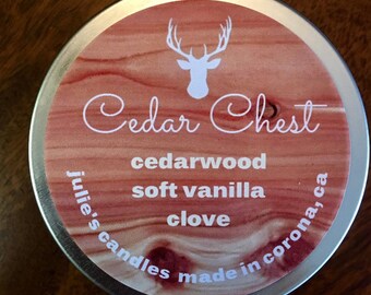 CEDAR CHEST candle with notes of cedar, vanilla and clove. Soy wax, essential and fragrance oils, 6 oz travel tin, hand-poured, clean burn.