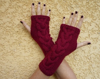 Fingerless gloves Burgundy wool - hand knitted Garnet - Irish twisted stitch top