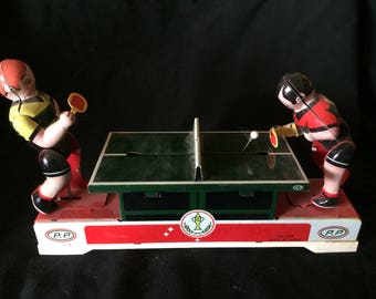 Vintage Tin Ping Pong Table With Players, Table Tennis Toy, Wind Up Toy - 1970