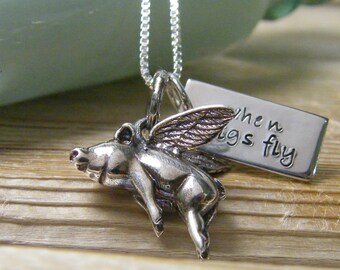 when pigs fly flying pig with hand stamped word tag sterling silver necklace