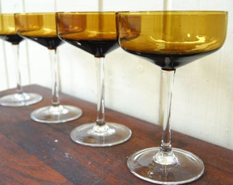 Vintage 1970s Tall Amber Coupes w/ Clear Stem and Base (Set of 4)