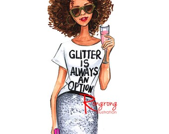 Afro fashion sketch, Fashion art,Fashion illustration,Chic wall art, Fashion print,fashion poster,Titled,Glitter always an option