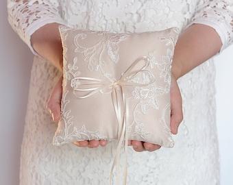 Adele - 6x6" Wedding ring pillow - Wedding ring bearer - Ring pillow bearer - Silk ring pillow - Champagne pillow - Beige - Wedding pillow