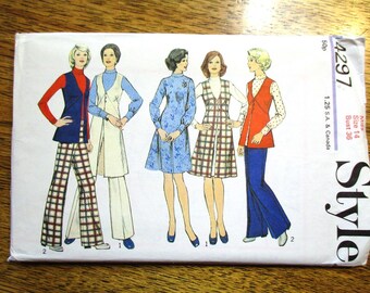 MOD 1970s A-Line Dress, Long Vest, Cardigan, Blouse & Trousers - Size 14 (Bust 36") - UNCUT ff Vintage Sewing Pattern Style 4297