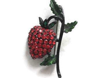 Vintage Hollycraft Red Rhinestone Strawberry Brooch, Japanned Black, Fruit Brooch, Hollycraft Brooch